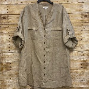 ✔️Coldwater Creek Olive-Tan Linen Button-Front Tunic, 3XL, EUC